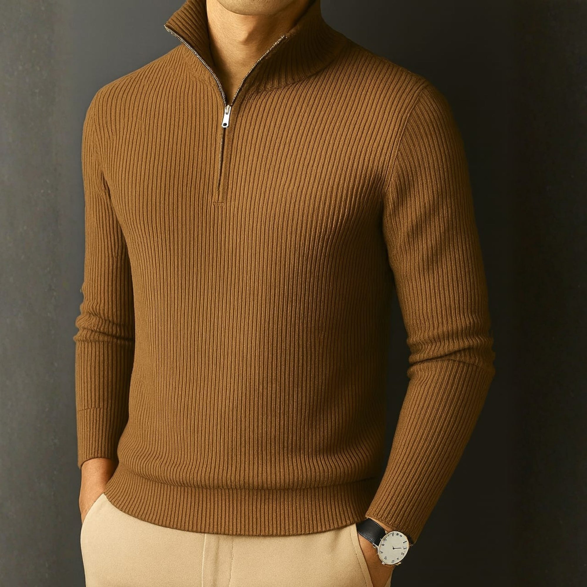 Premium Ribbed Quarter-Zip Full Sleeve Brown