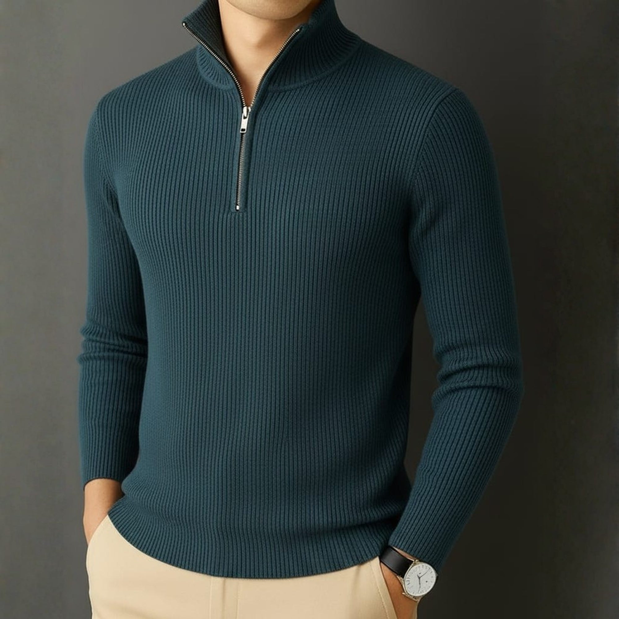 Premium Ribbed Quarter-Zip Full Sleeve Peacock Blue