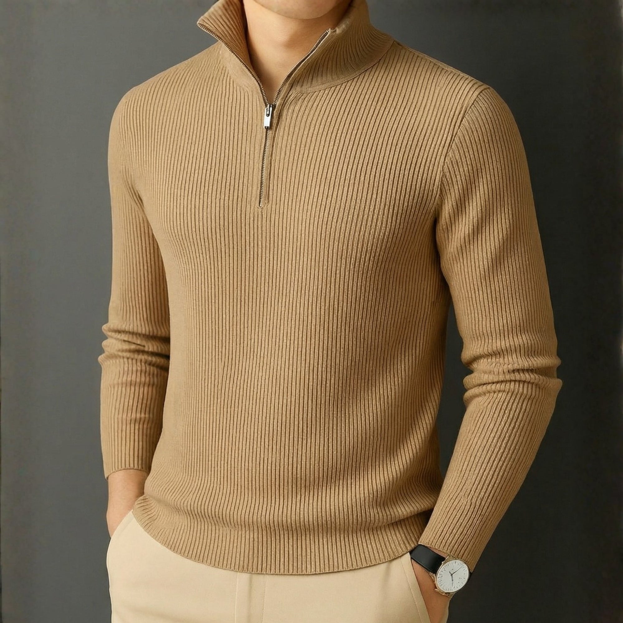 Premium Ribbed Quarter-Zip Full Sleeve Bronze