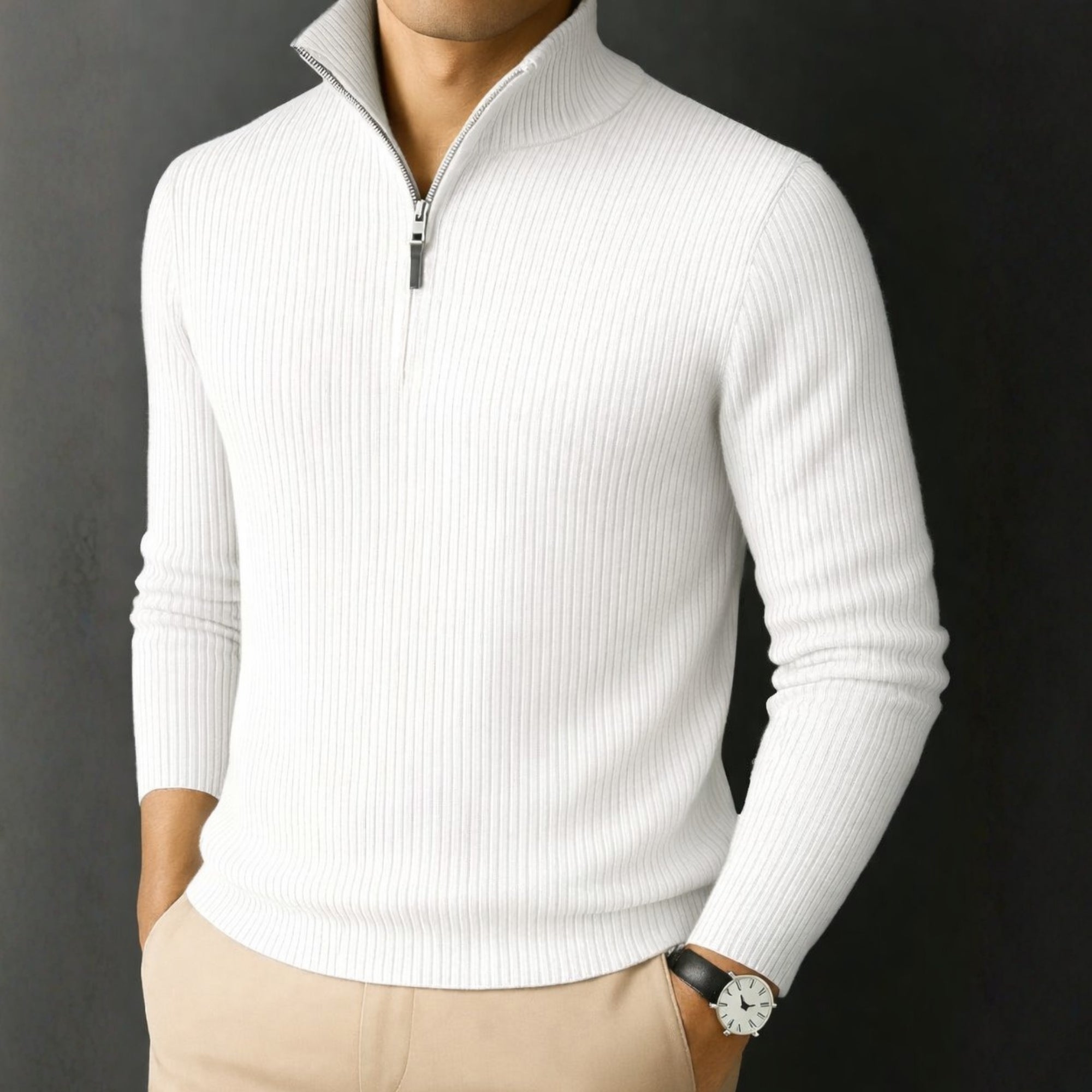 Premium Ribbed Quarter-Zip Full Sleeve White