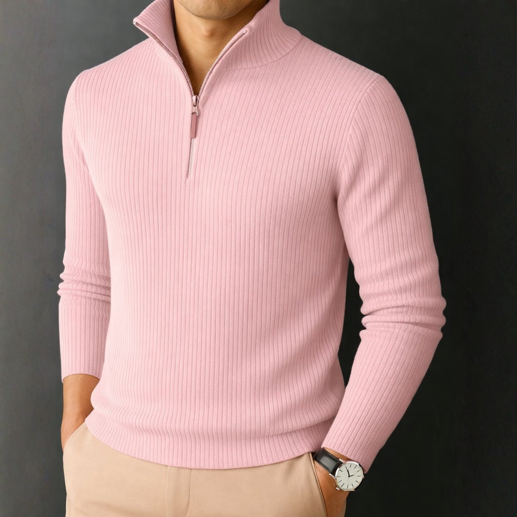 Premium Ribbed Quarter-Zip Full Sleeve Baby Pink