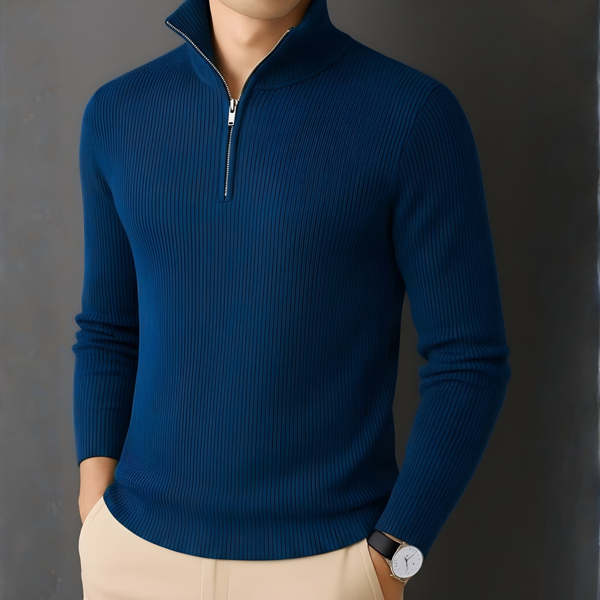 Premium Ribbed Quarter-Zip Full Sleeve Patrol Blue