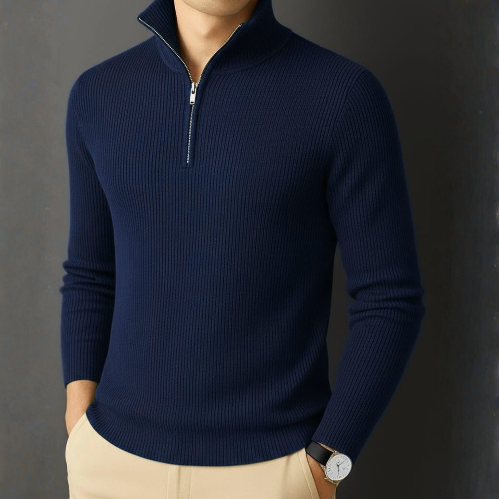 Premium Ribbed Quarter-Zip Full Sleeve Neavy Blue
