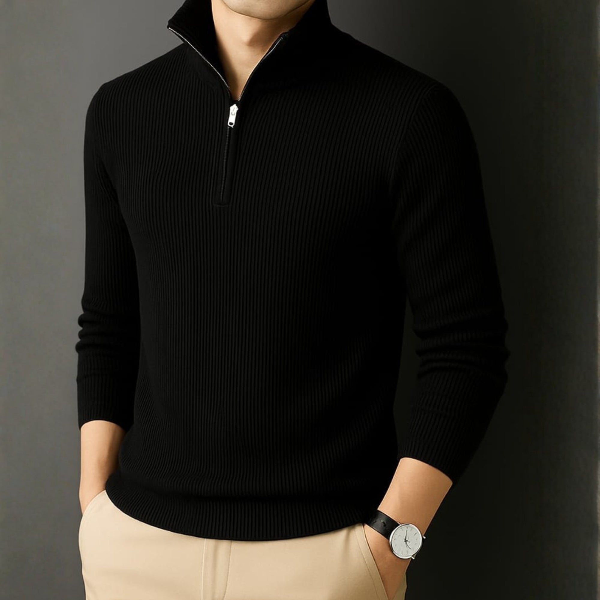 Premium Ribbed Quarter-Zip Full Sleeve Black