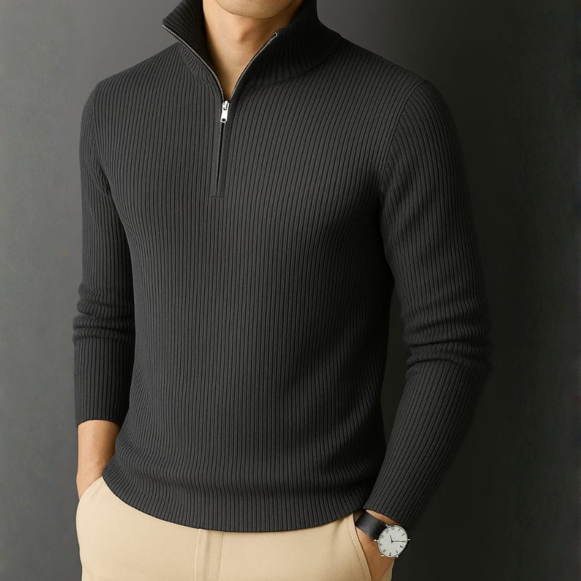 Premium Ribbed Quarter-Zip Full Sleeve Dark Grey