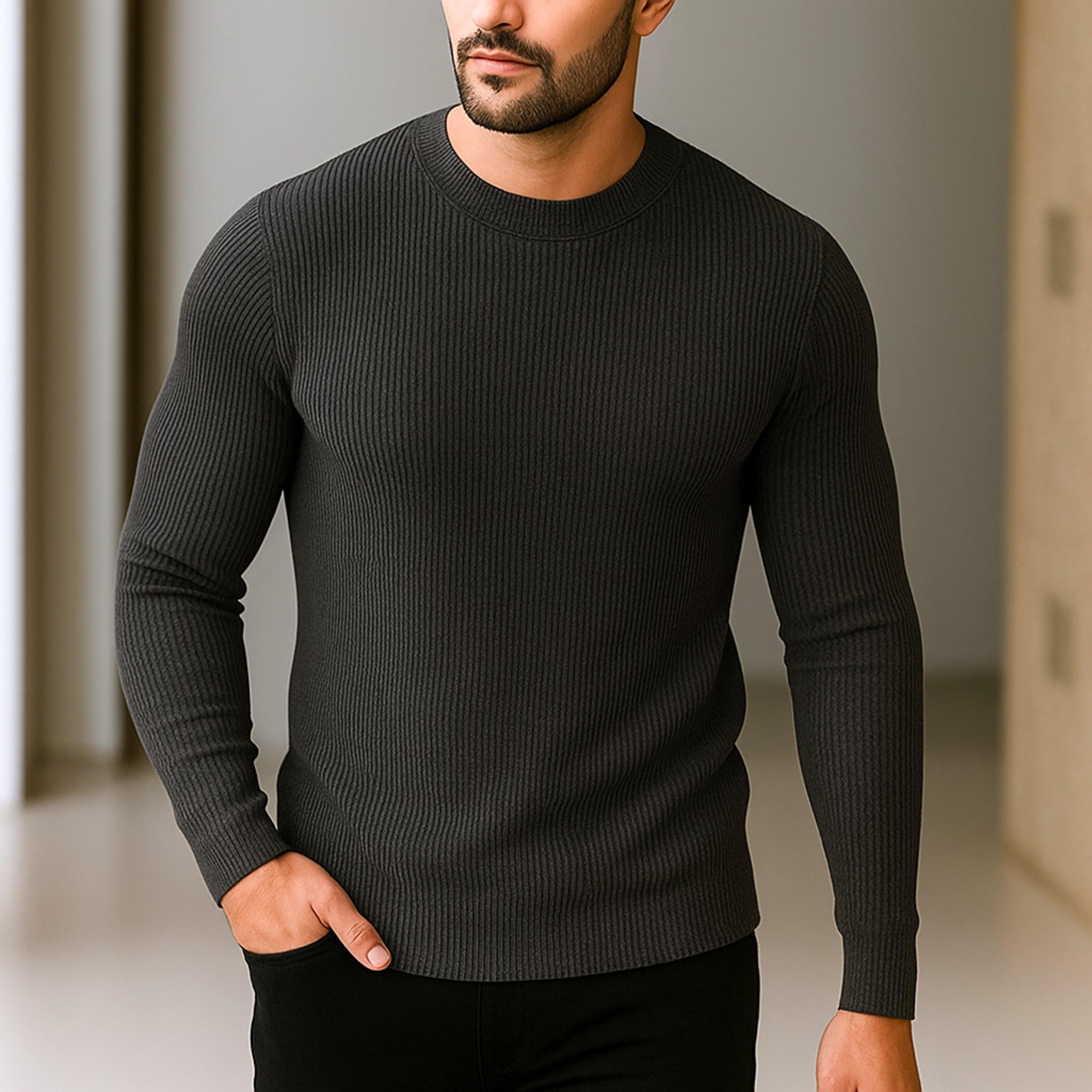 Premium Full Sleeve Rib T-Shirt Anthra Melange