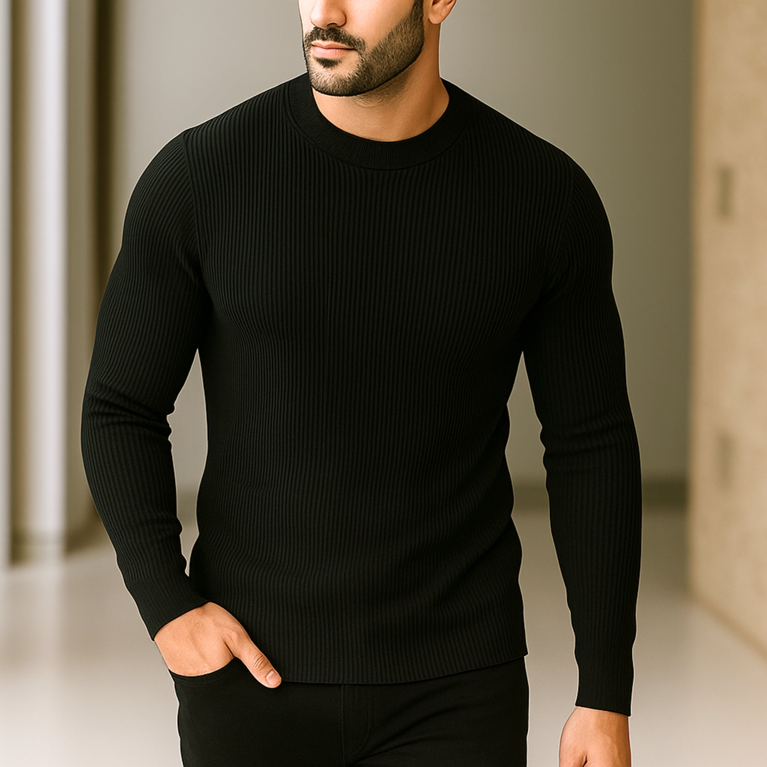 Premium Full Sleeve Rib T-Shirt Black