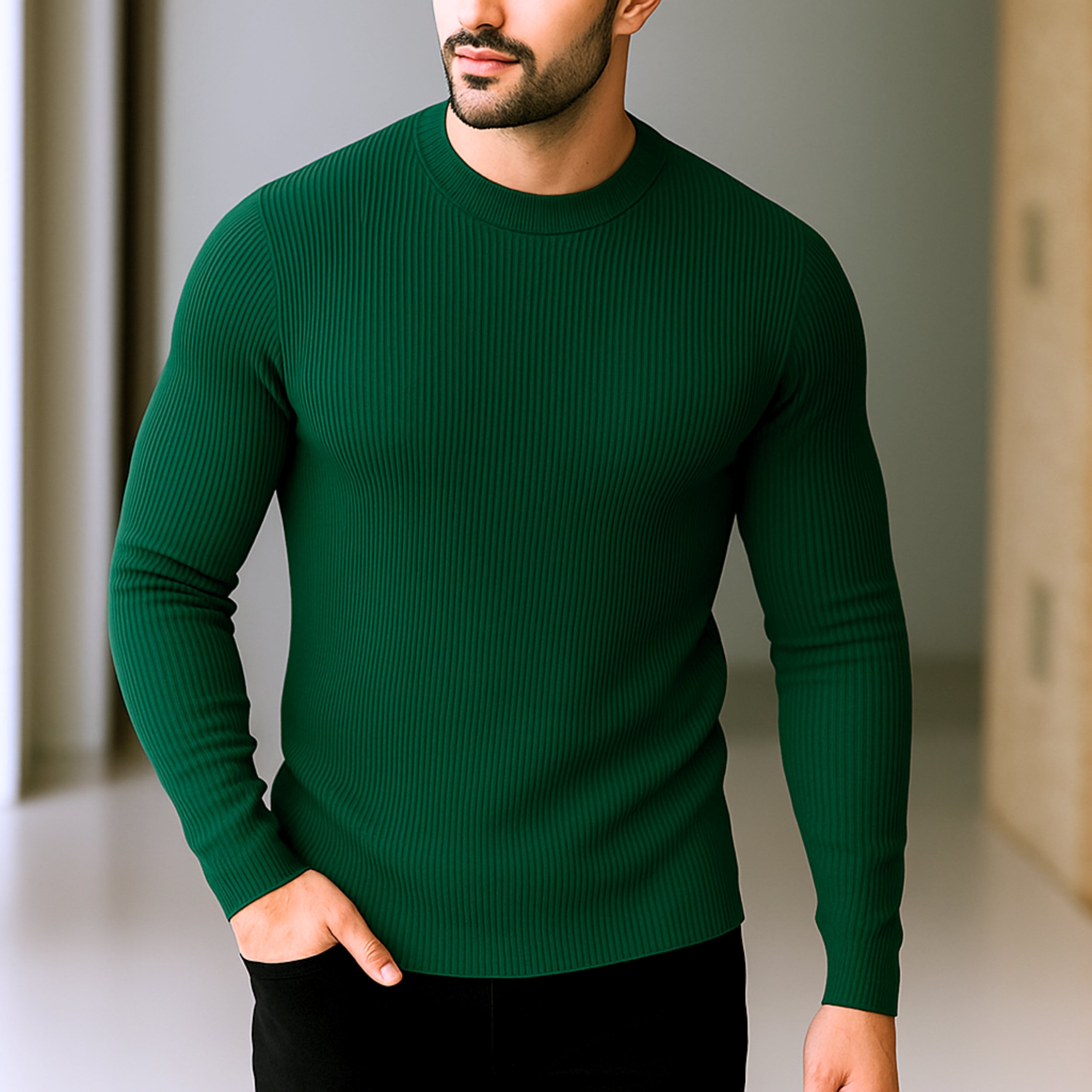 Premium Full Sleeve Rib T-Shirt Bottle Green