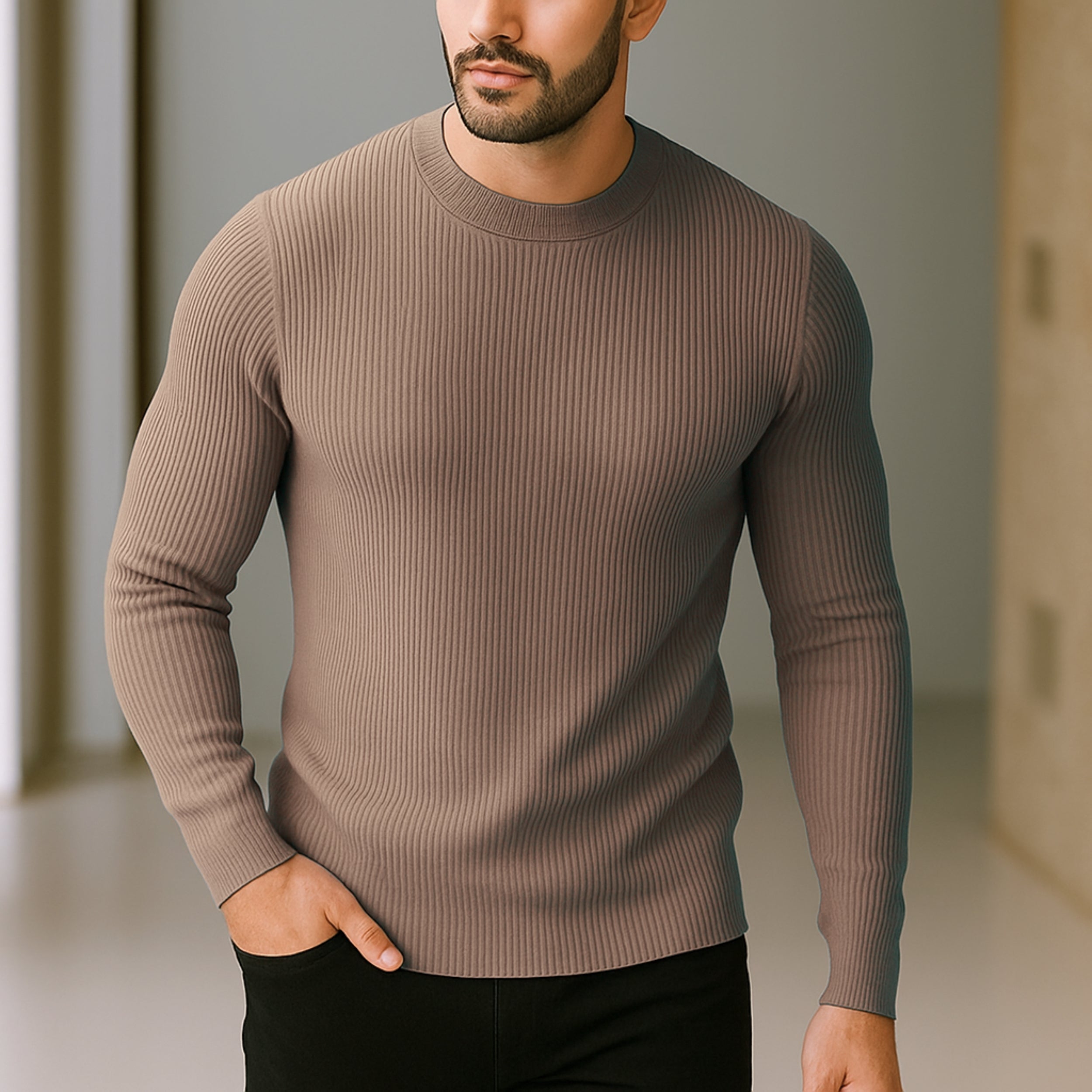 Premium Full Sleeve Rib T-Shirt Brown