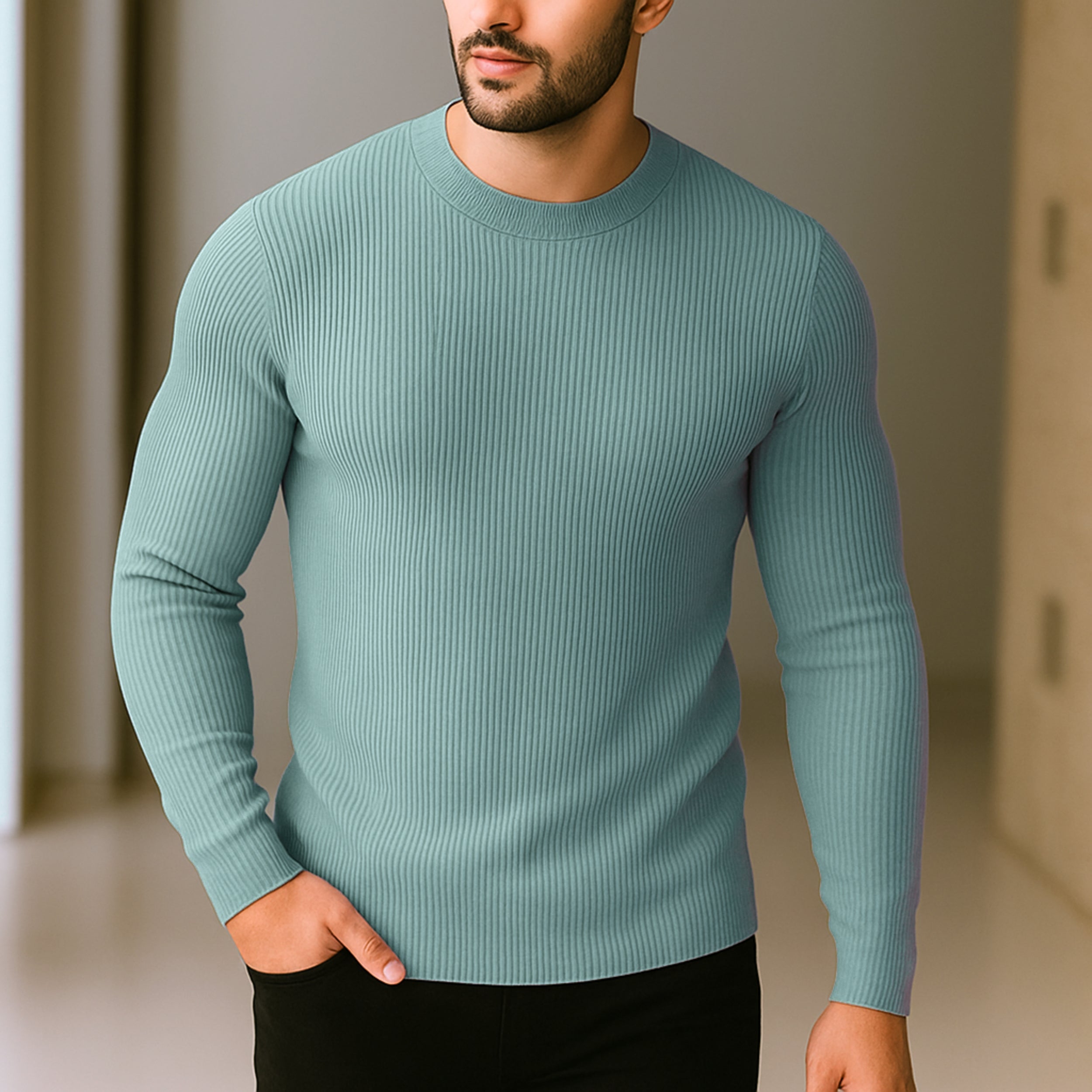 Premium Full Sleeve Rib T-Shirt Cadet Blue