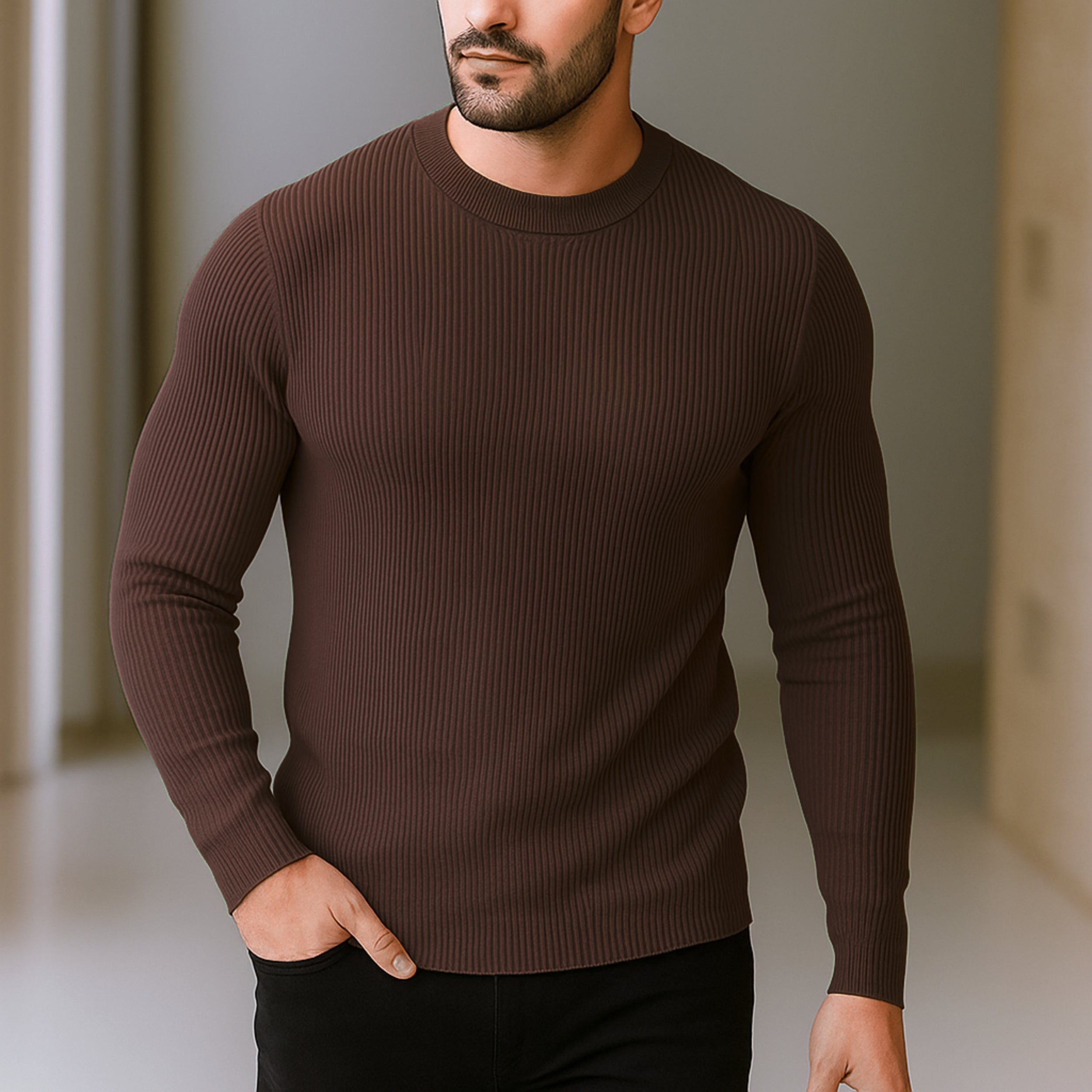 Premium Full Sleeve Rib T-Shirt Chocolate