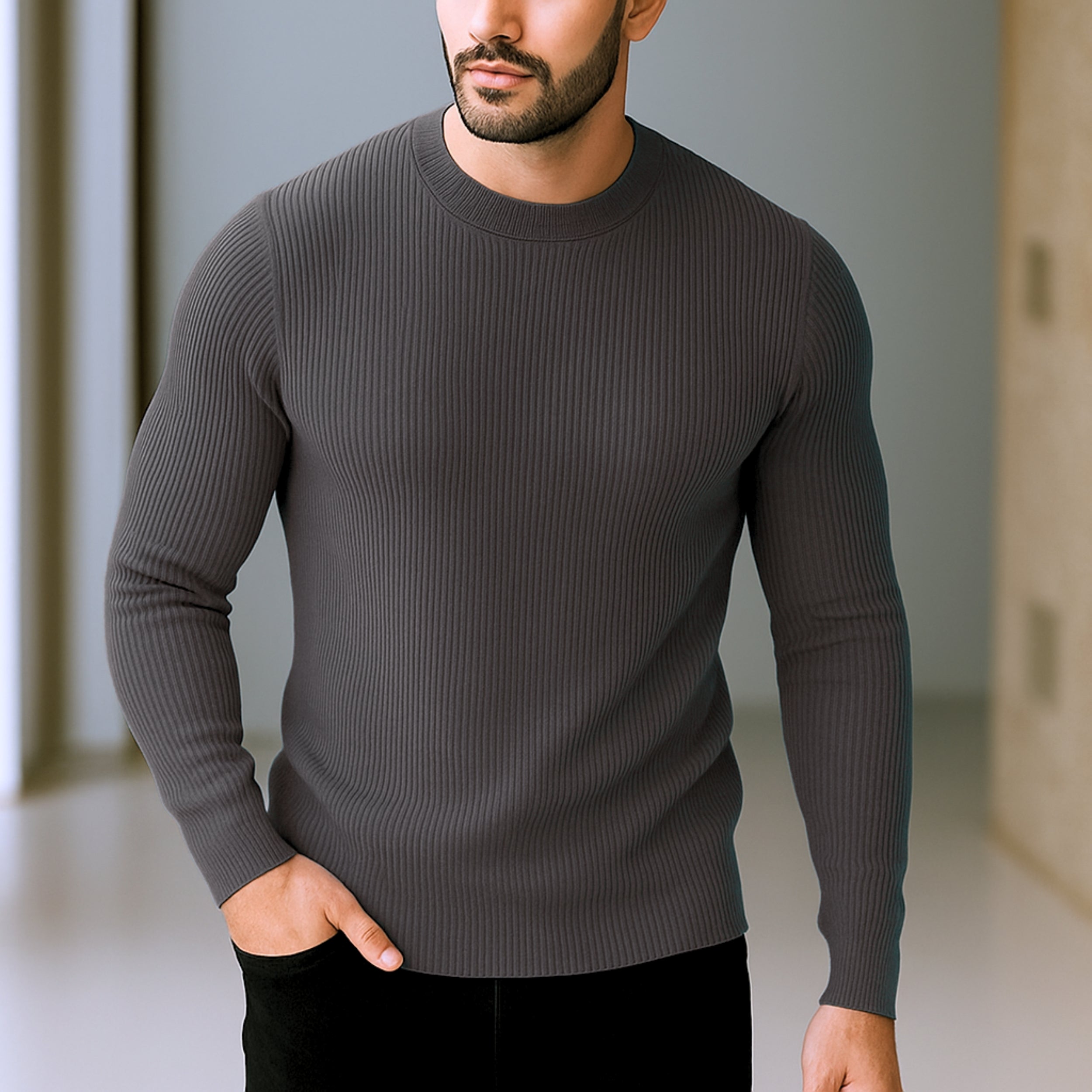 Premium Full Sleeve Rib T-Shirt Dark Grey
