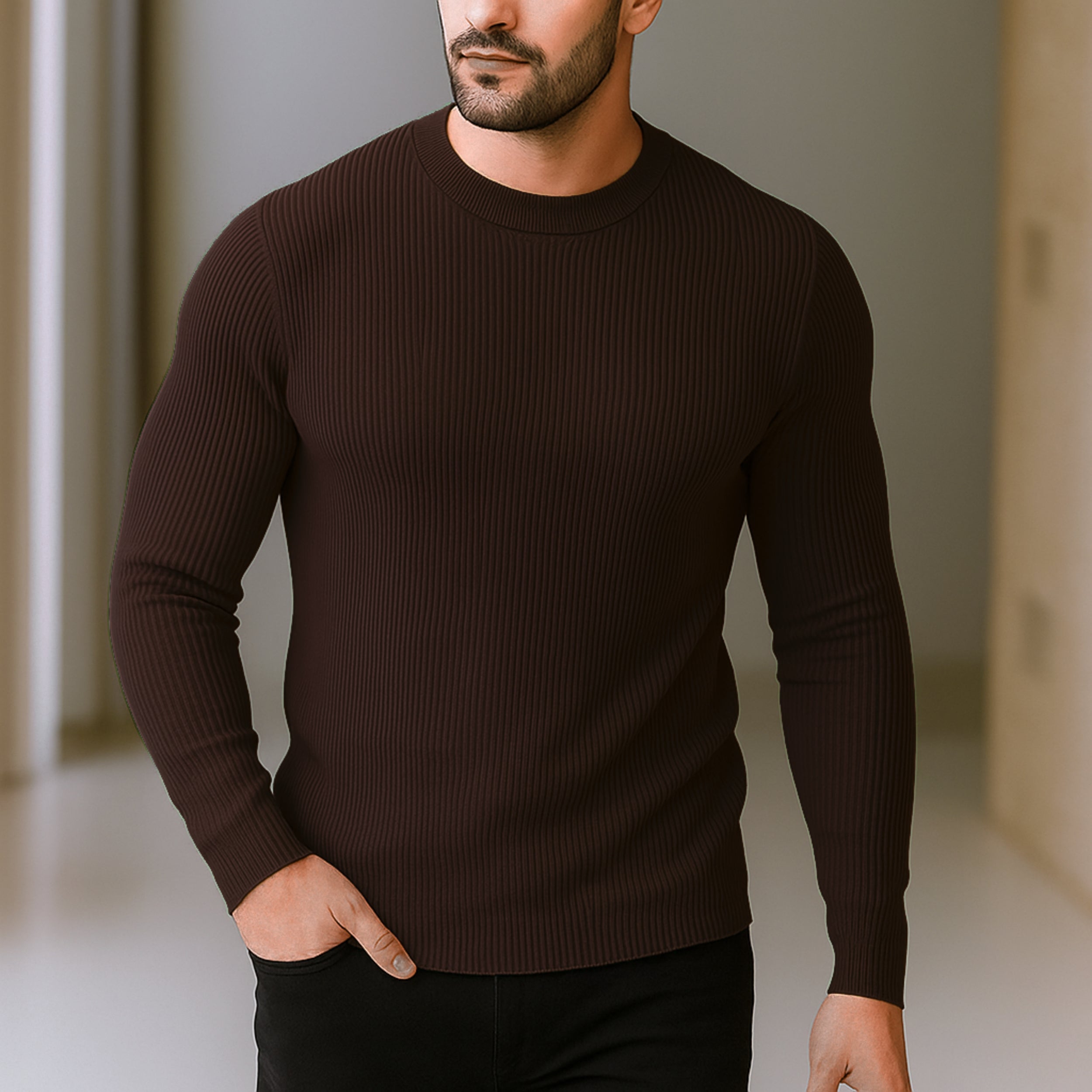 Premium Full Sleeve Rib T-Shirt Deep Coffee