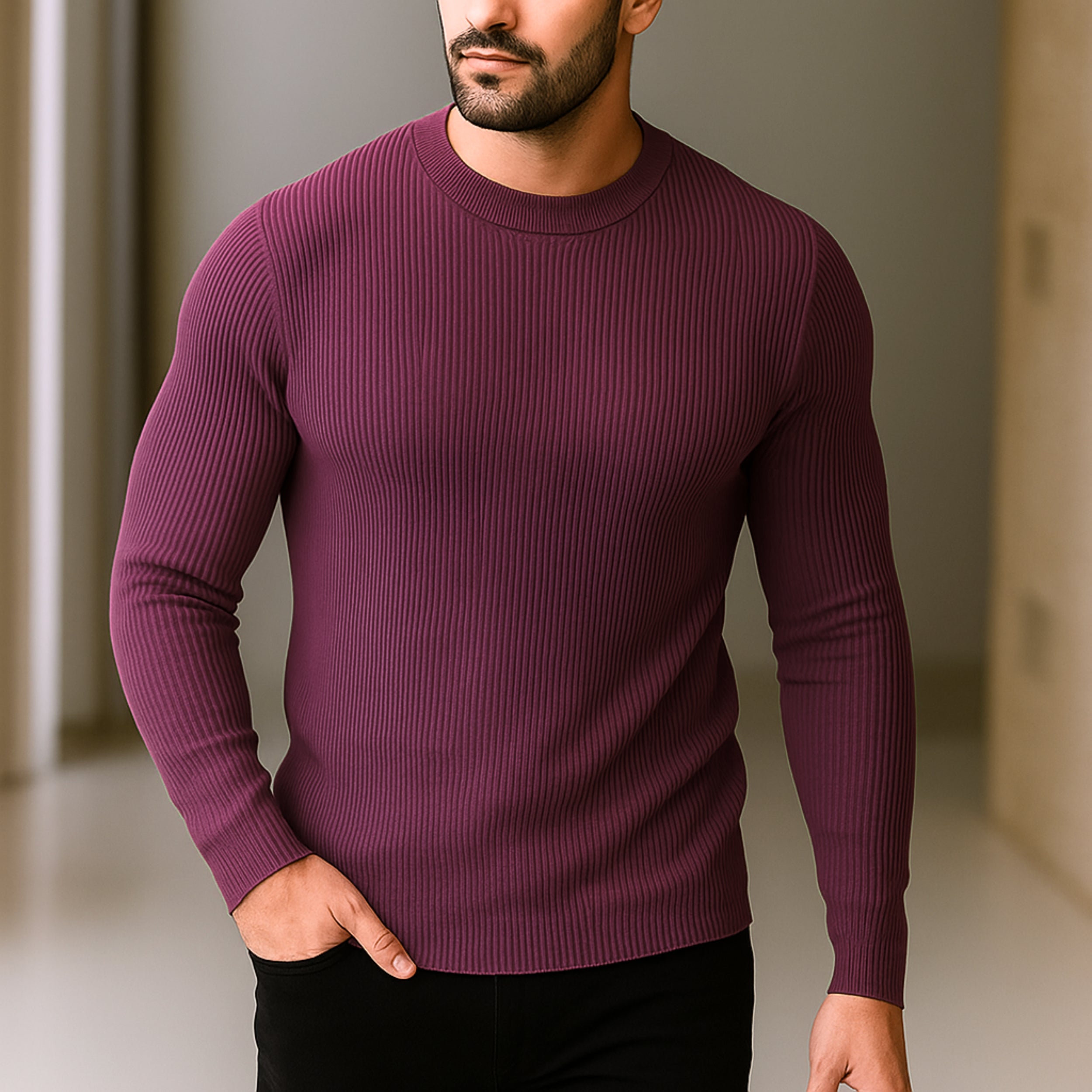 Premium Full Sleeve Rib T-Shirt Deep Magenta