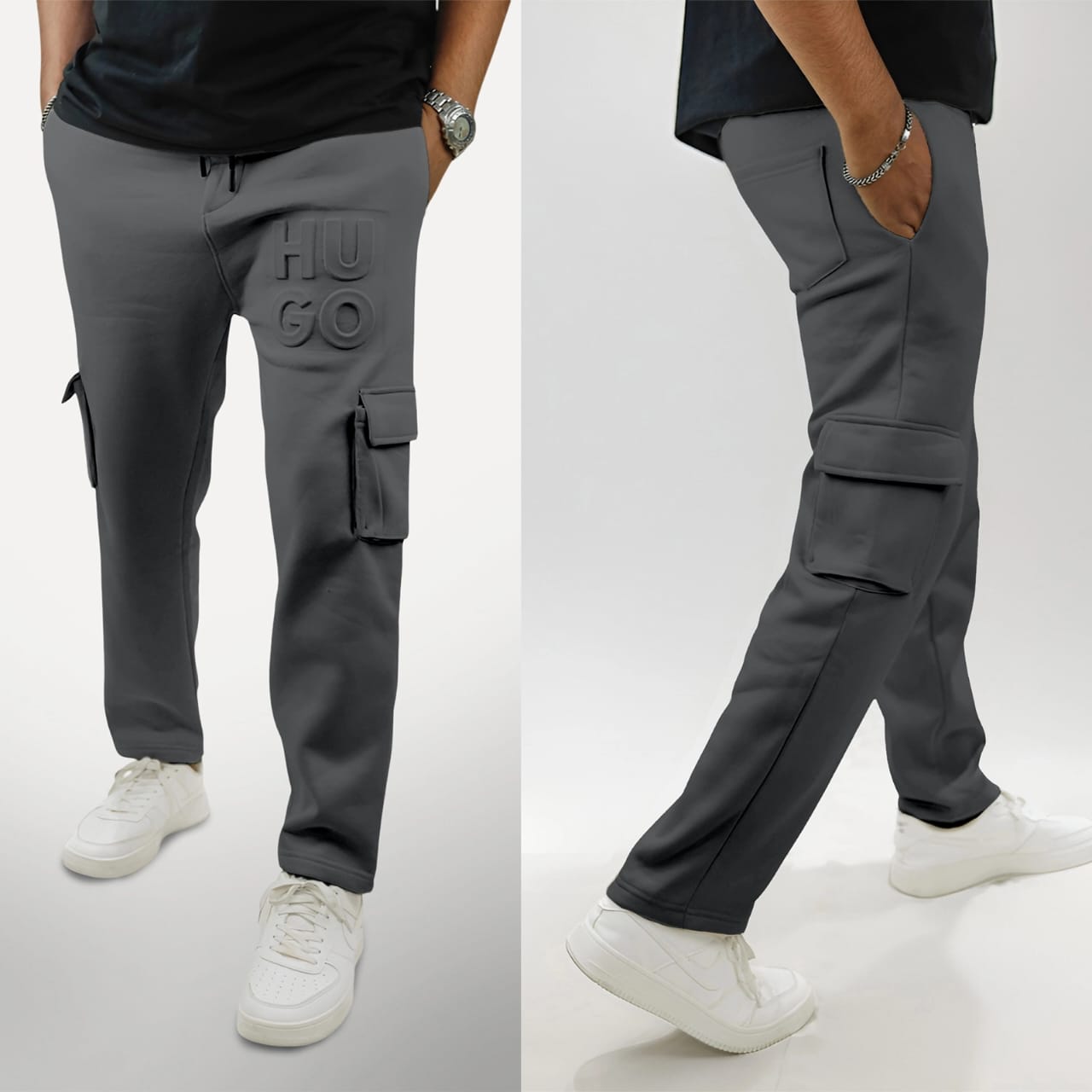 Premium Terry Cotton (fleece) Cargo Pant (Emboss) Metallic Black