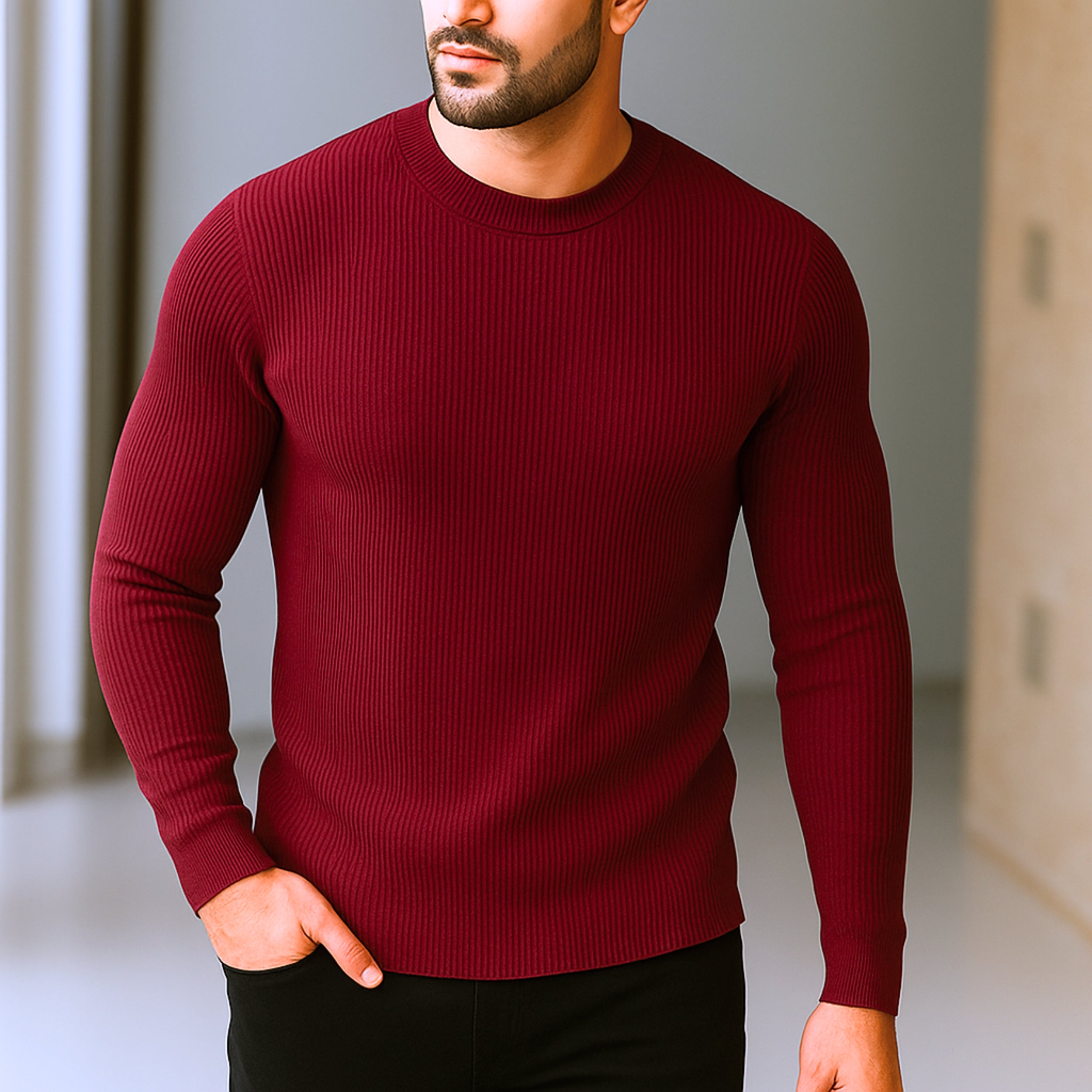 Premium Full Sleeve Rib T-Shirt Maroon