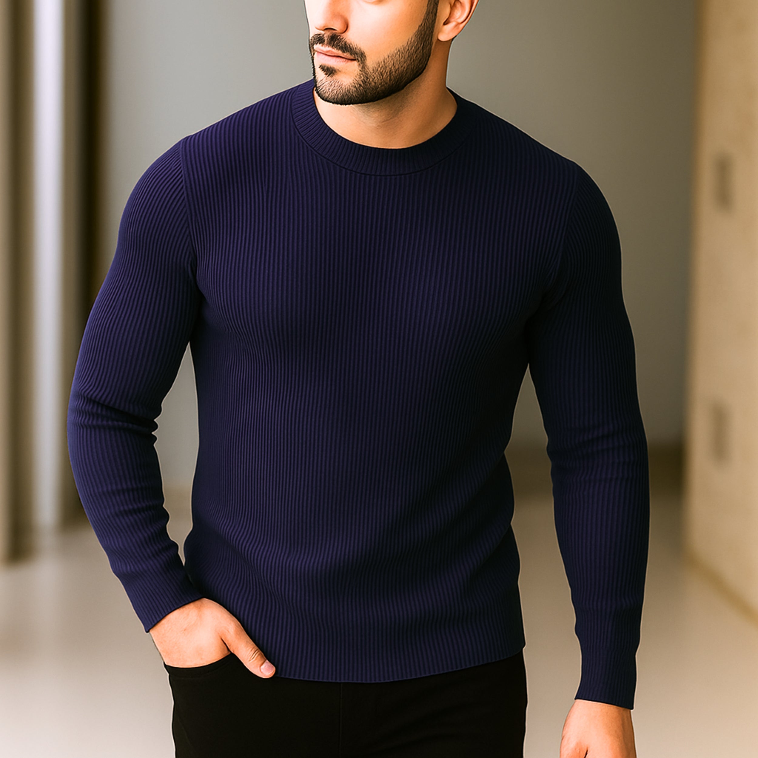 Premium Full Sleeve Rib T-Shirt Neavy Blue