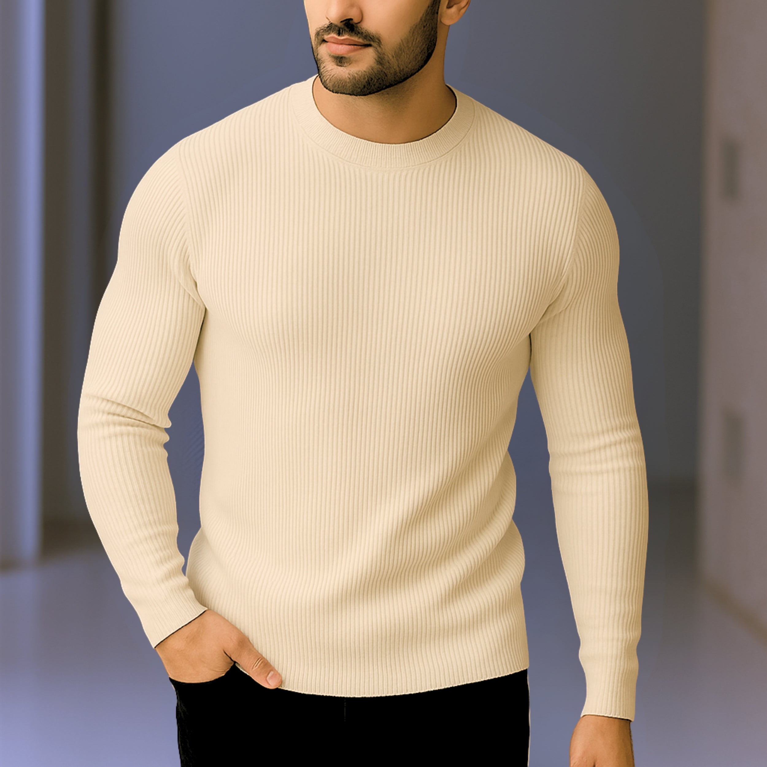Premium Full Sleeve Rib T-Shirt Biscuit