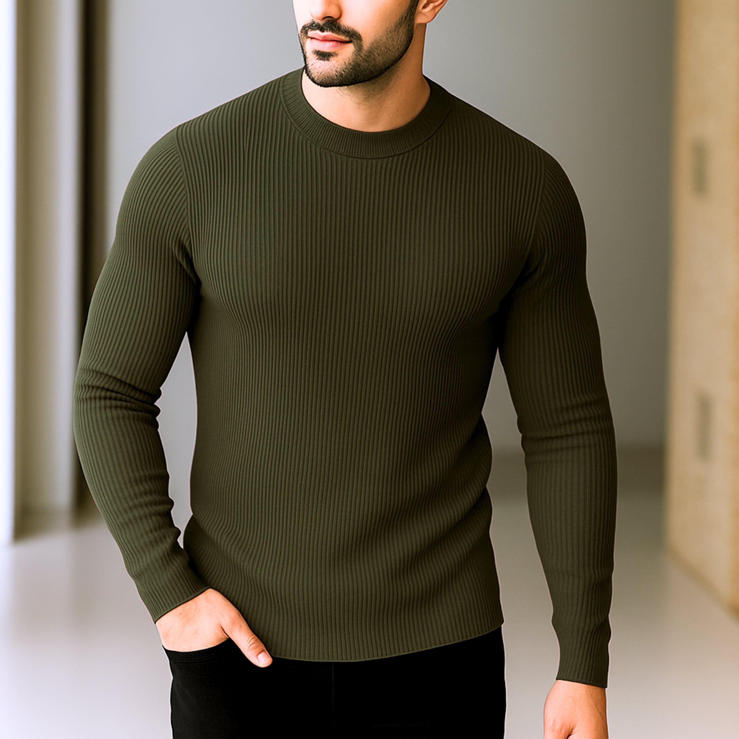 Premium Full Sleeve Rib T-Shirt Olive