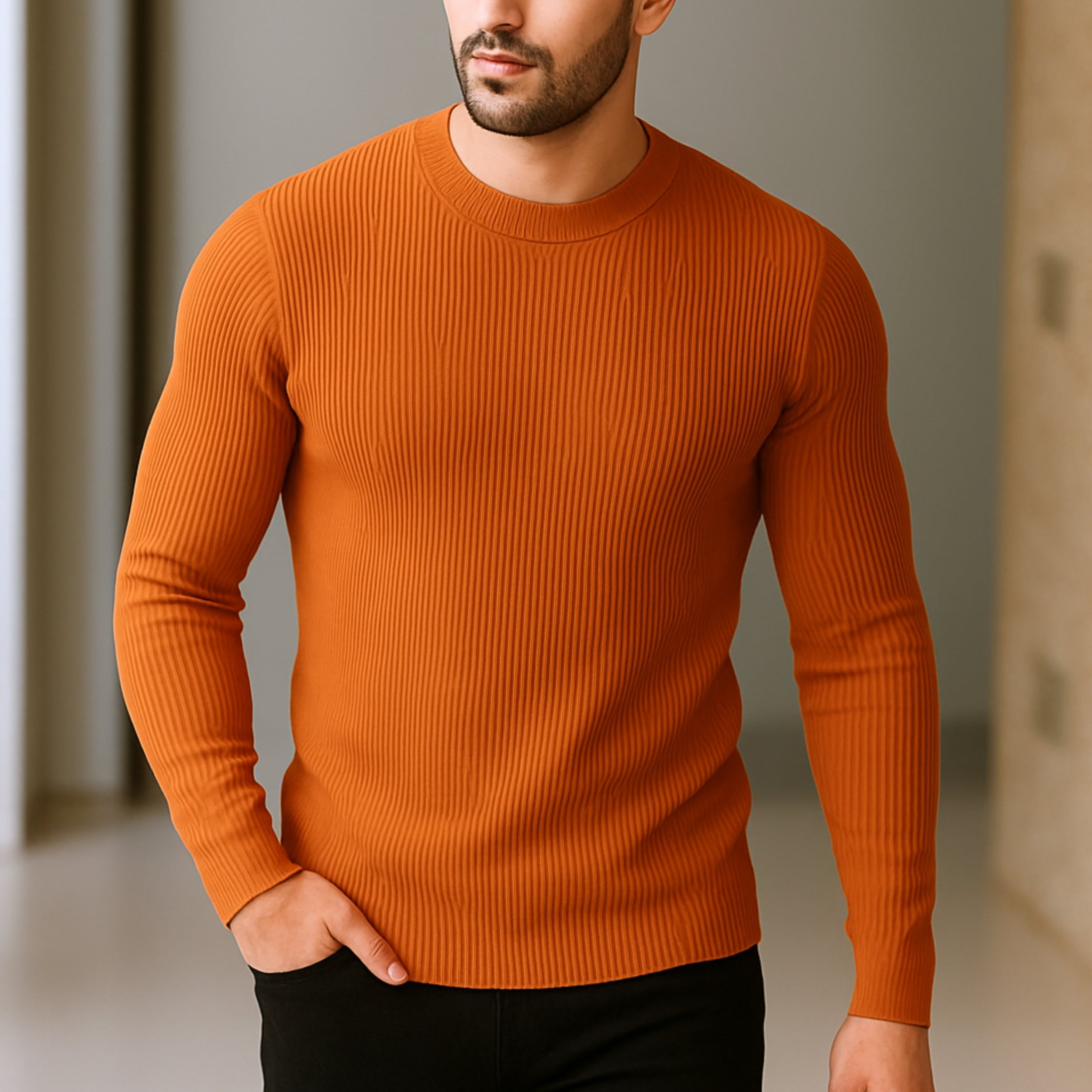 Premium Full Sleeve Rib T-Shirt Orange
