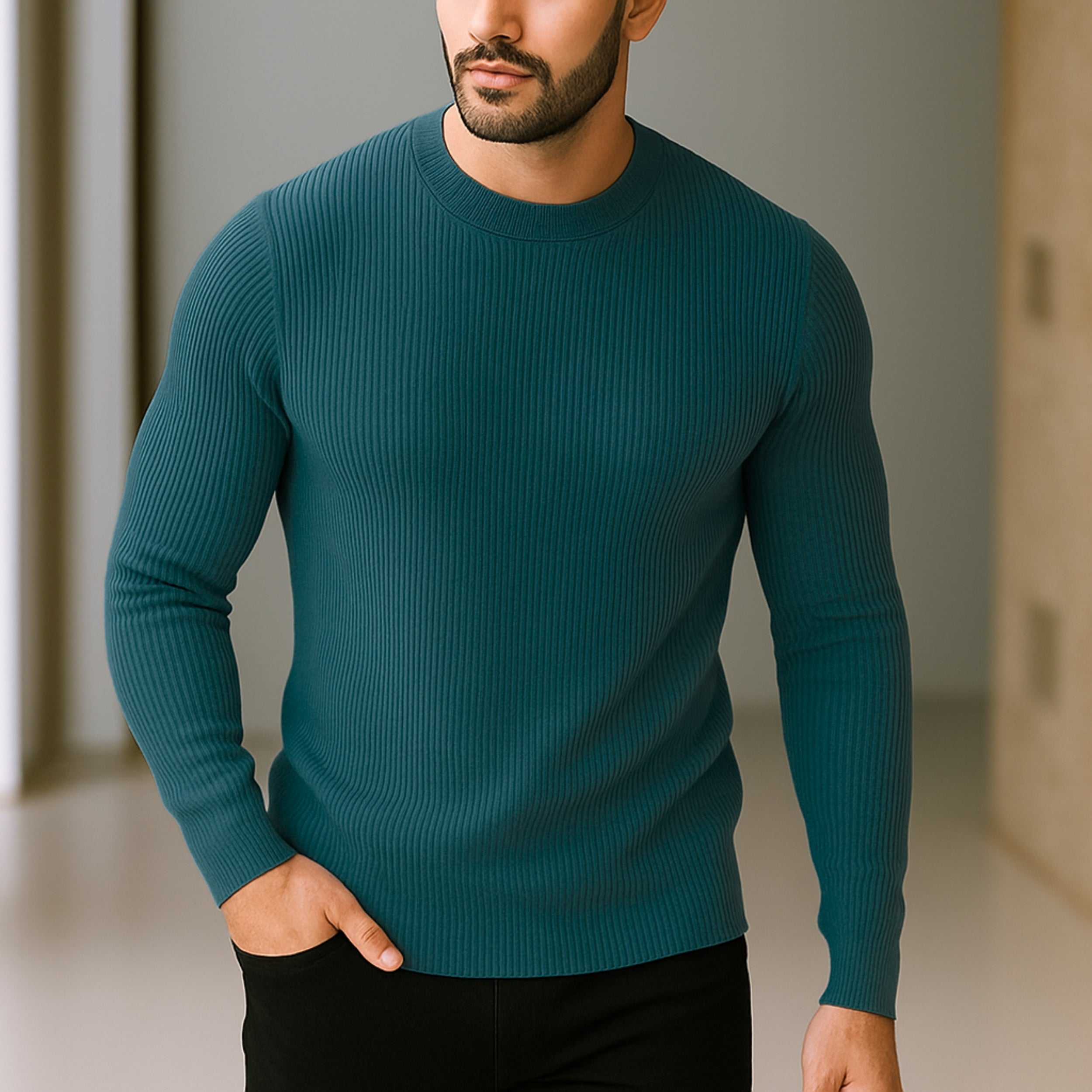 Premium Full Sleeve Rib T-Shirt Peacock Blue