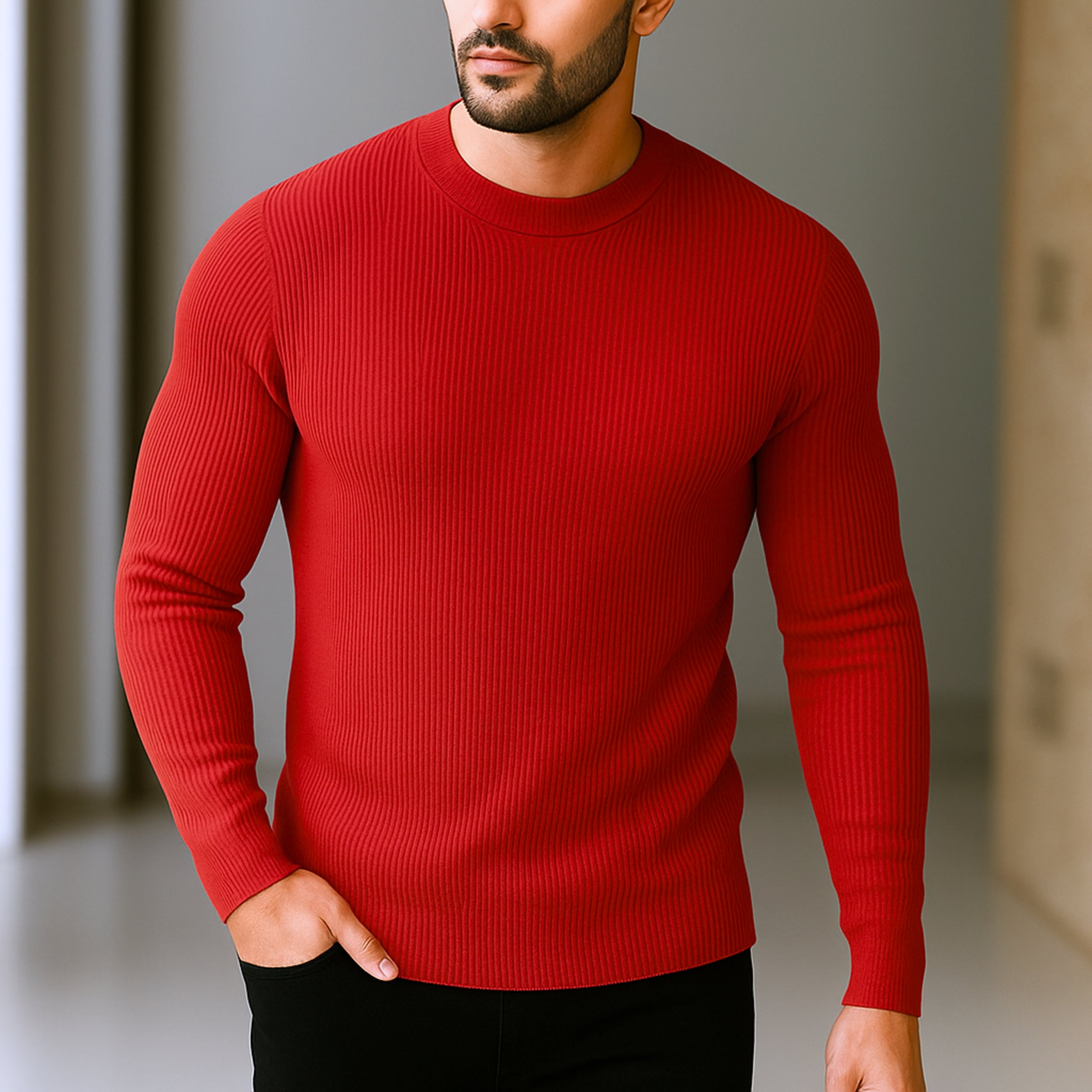 Premium Full Sleeve Rib T-Shirt Red