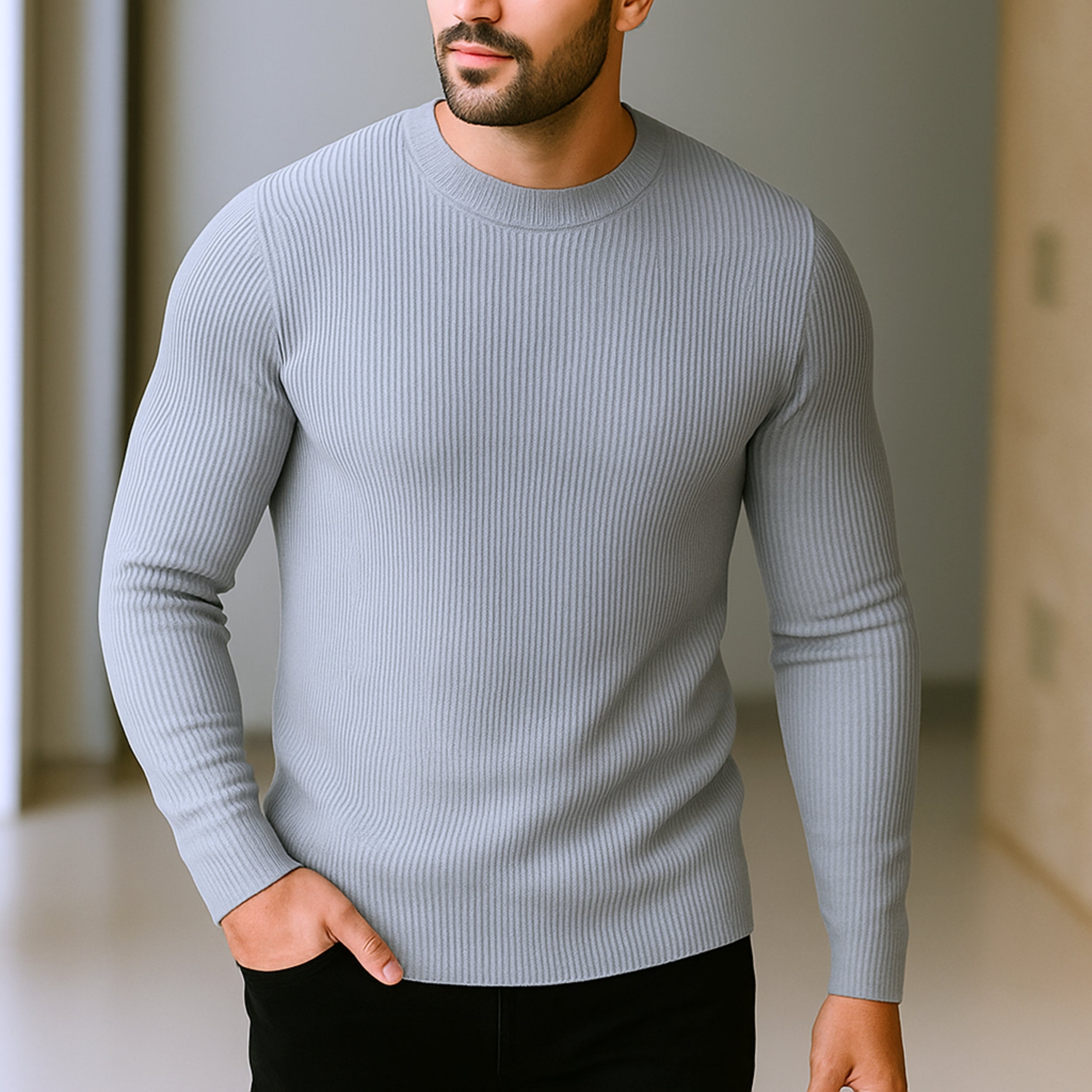 Premium Full Sleeve Rib T-Shirt Silver