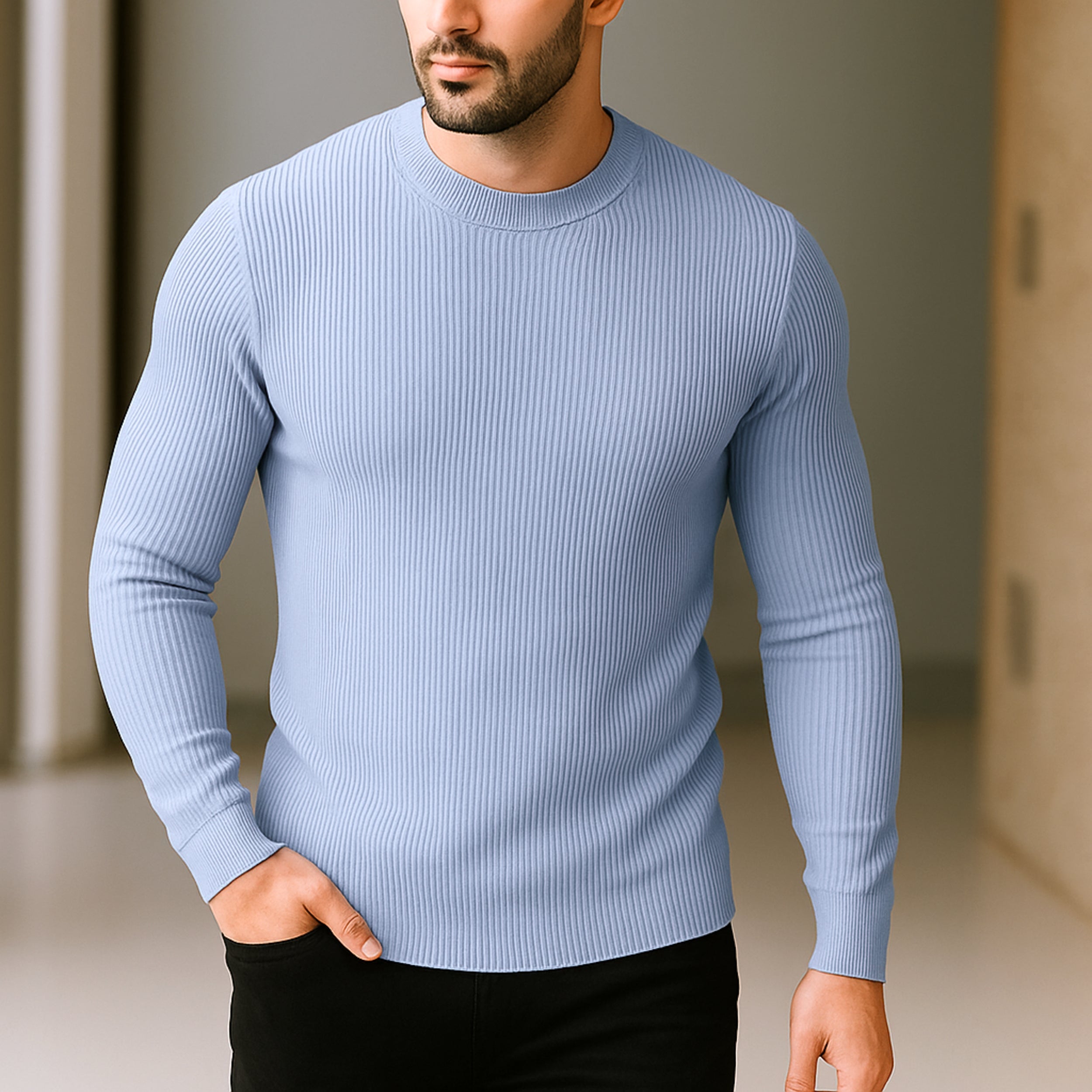 Premium Full Sleeve Rib T-Shirt Sky Blue
