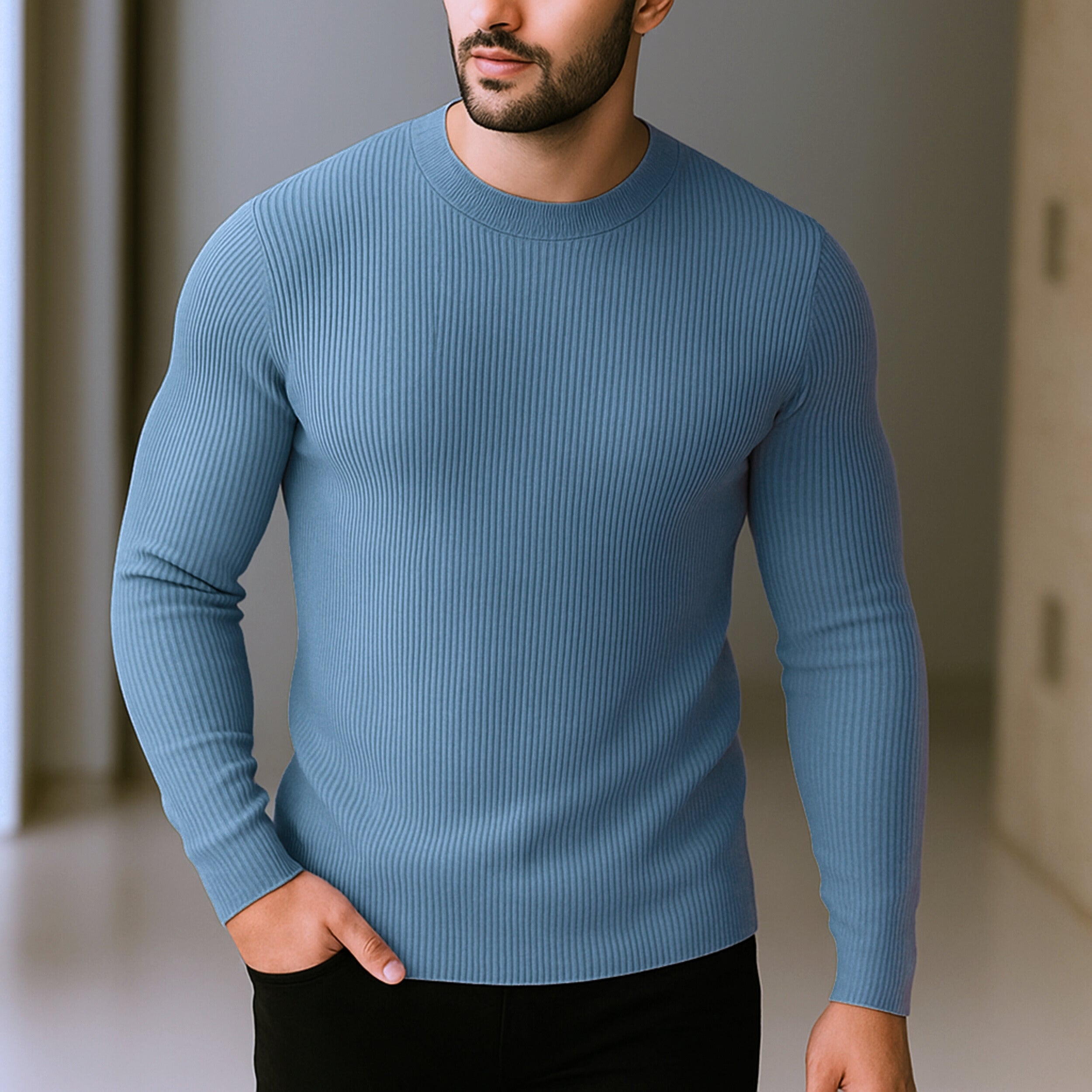 Premium Full Sleeve Rib T-Shirt Slate Blue