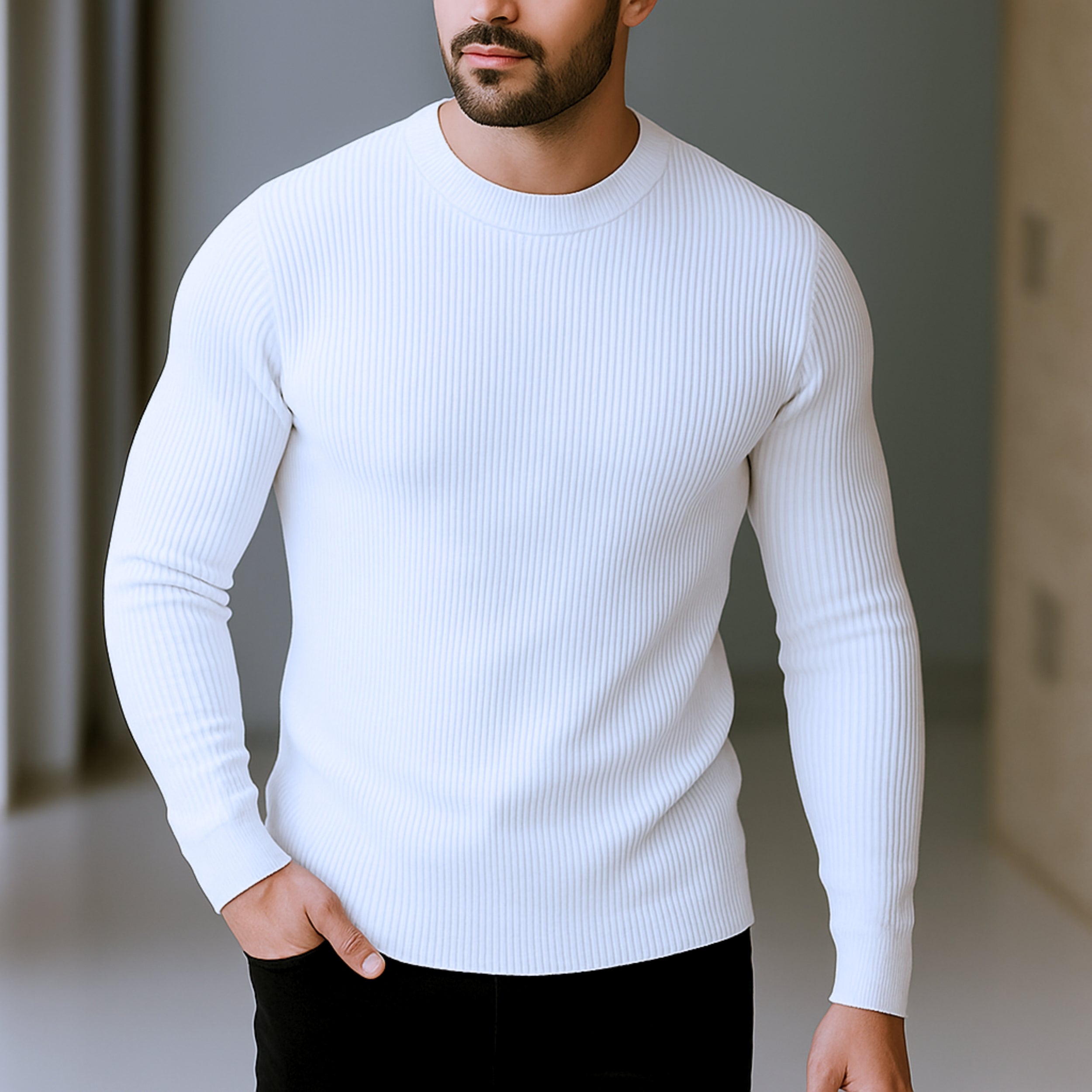 Premium Full Sleeve Rib T-Shirt White